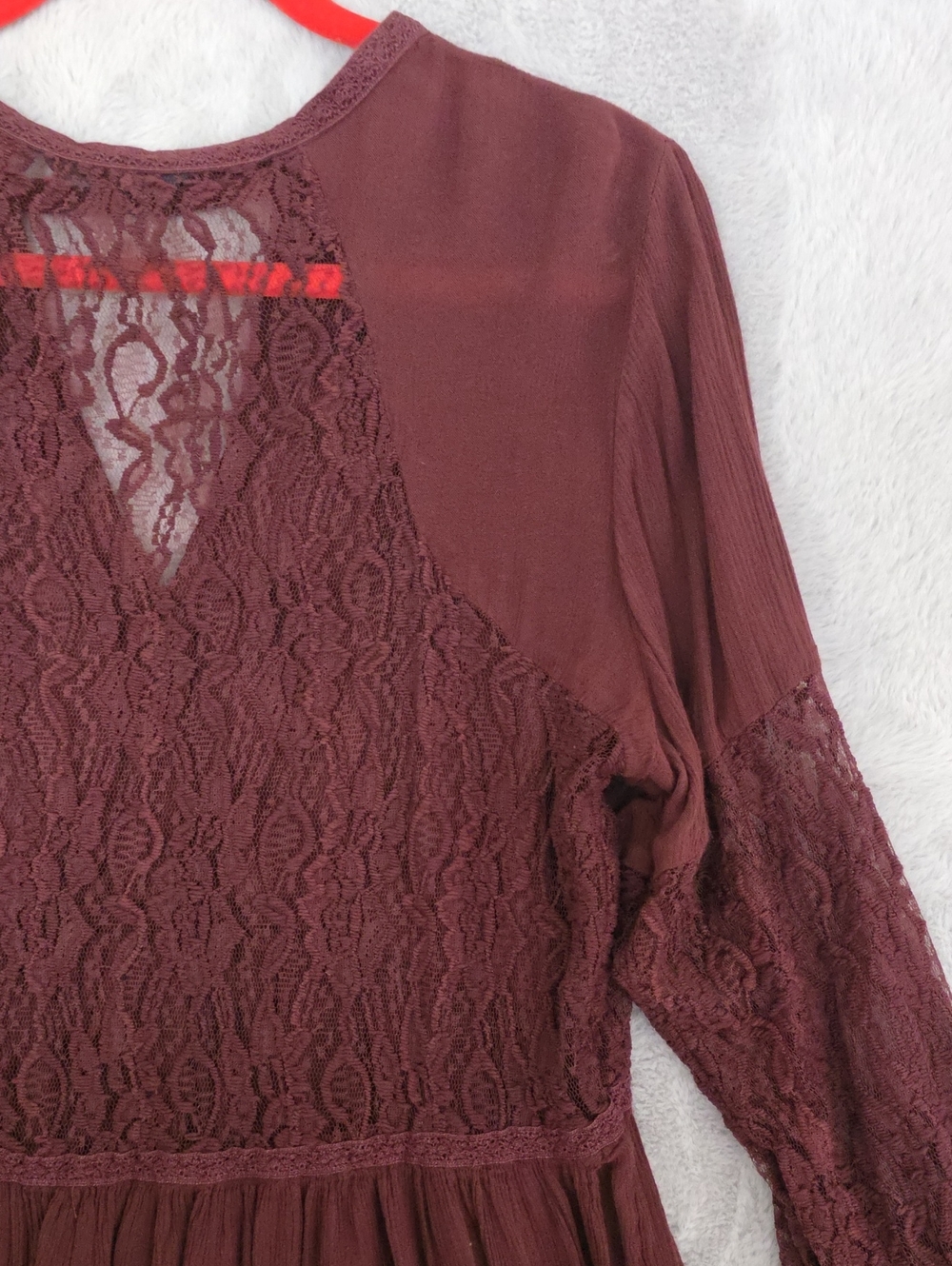 American Eagle Burgundy Lace Bell Sleeve Peplum Boho Top - Picture 9 of 12